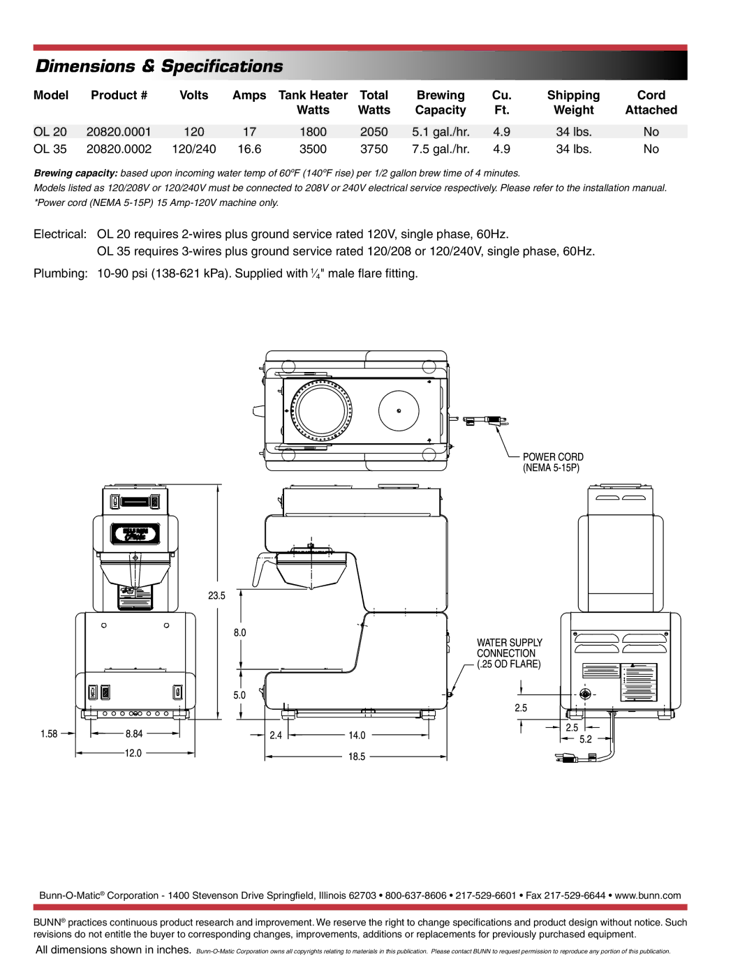 Bunn OL35, OL20 Dimensions & Speciﬁcations, Model Product # Volts Amps, Shipping Cord Watts Capacity, Attached 