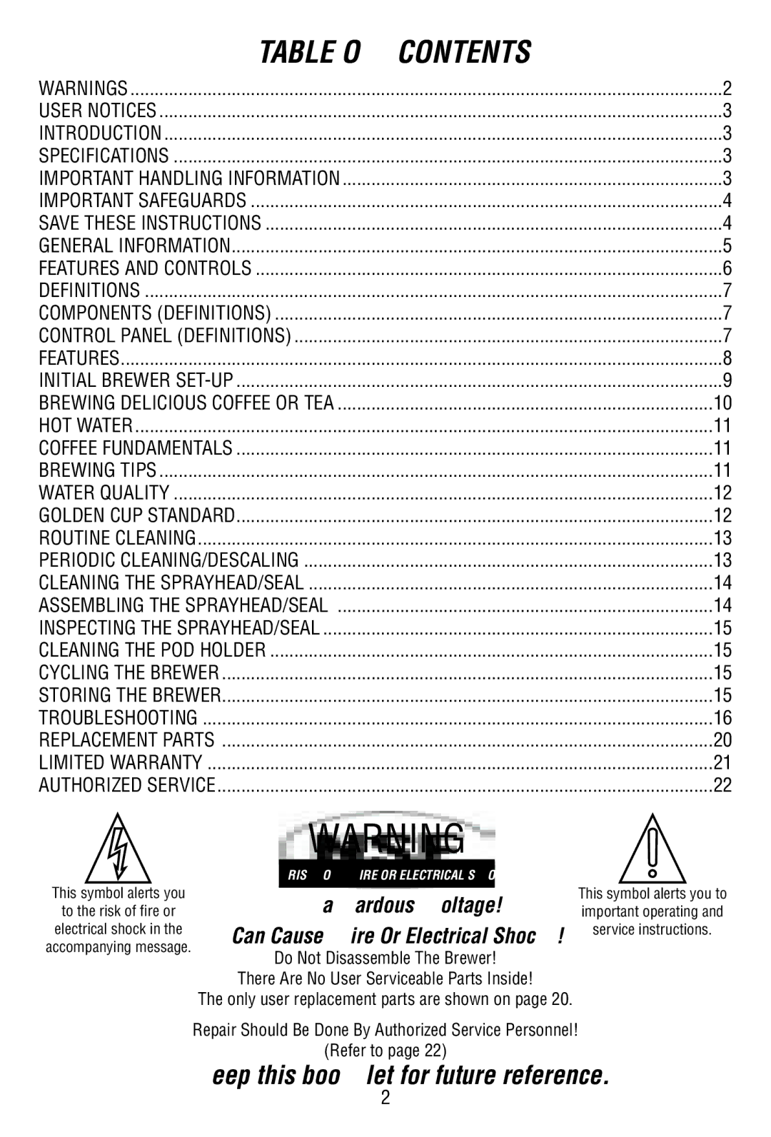 Bunn P2896 warranty Table of Contents 