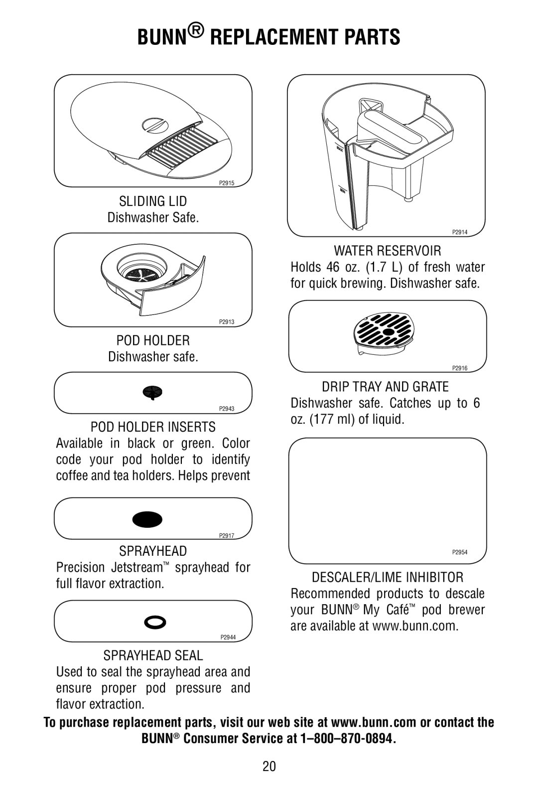 Bunn P2896 warranty Bunn Replacement Parts, POD Holder Inserts 