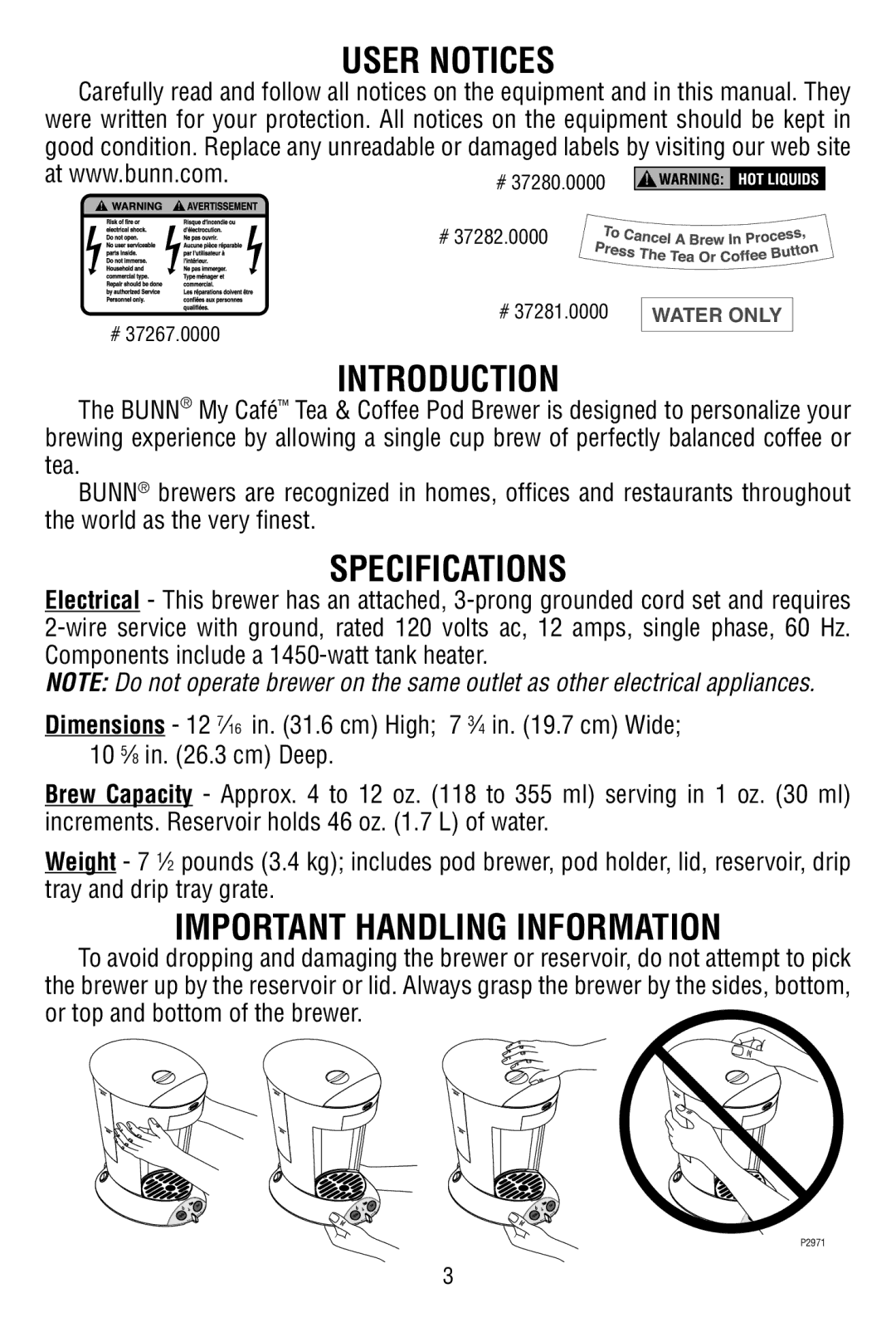 Bunn P2896 warranty User Notices, Introduction, Specifications, Important Handling Information 