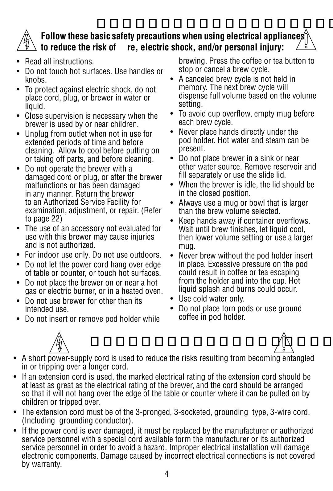 Bunn P2896 warranty Important Safeguards, Do not use brewer for other than its intended use 