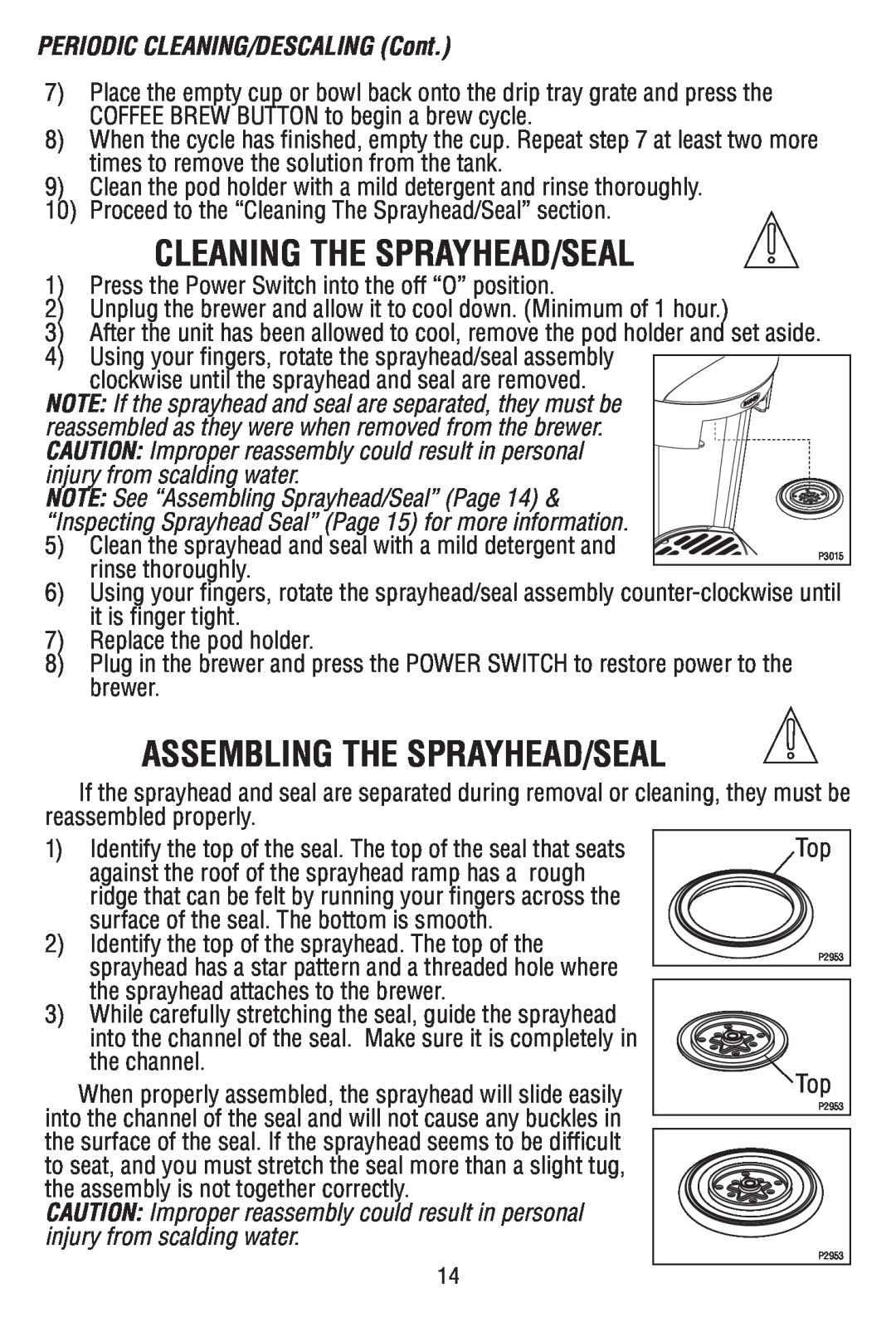 Bunn P2896 warranty Cleaning The Sprayhead/Seal, Assembling The Sprayhead/Seal, PERIODIC CLEANING/DESCALING Cont 