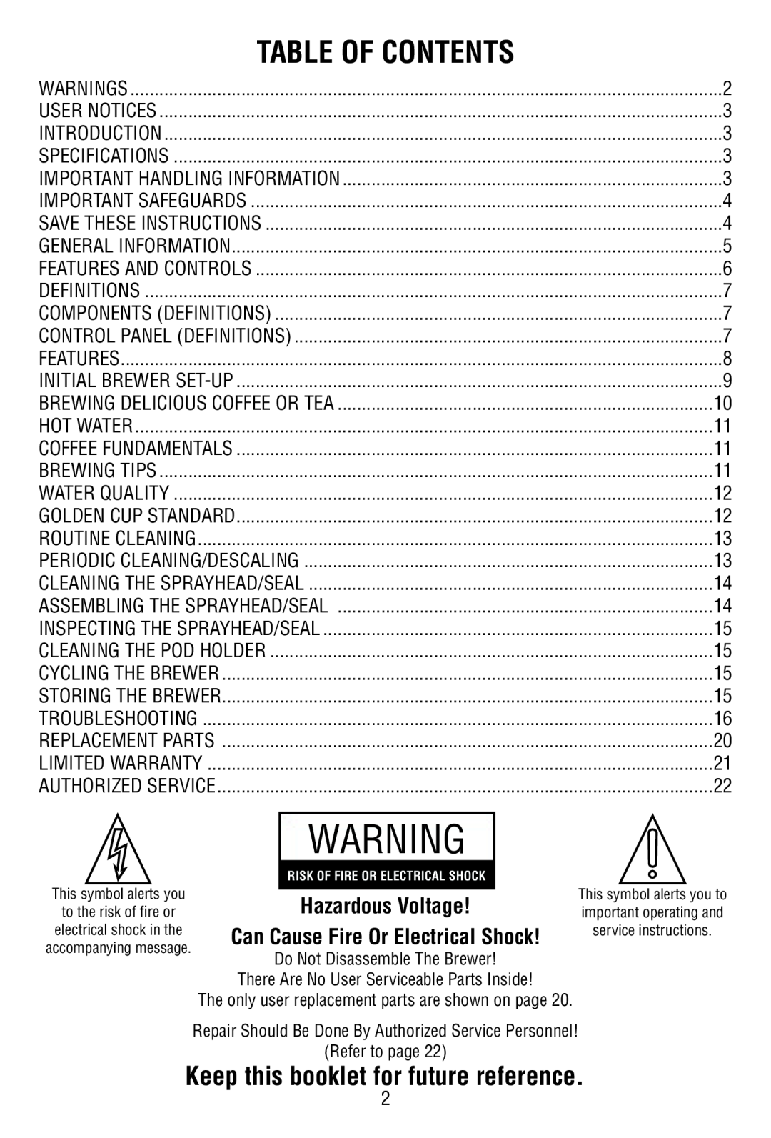 Bunn P2896 warranty Table Of Contents, Keep this booklet for future reference, Hazardous Voltage 