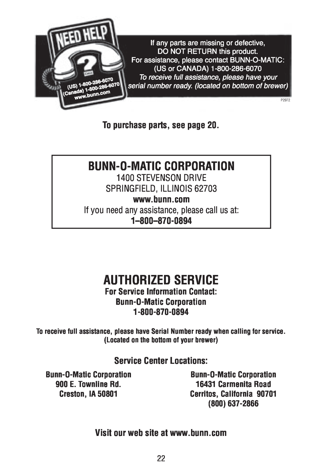 Bunn P2896 Authorized Service, To purchase parts, see page, For Service Information Contact Bunn-O-Matic Corporation 