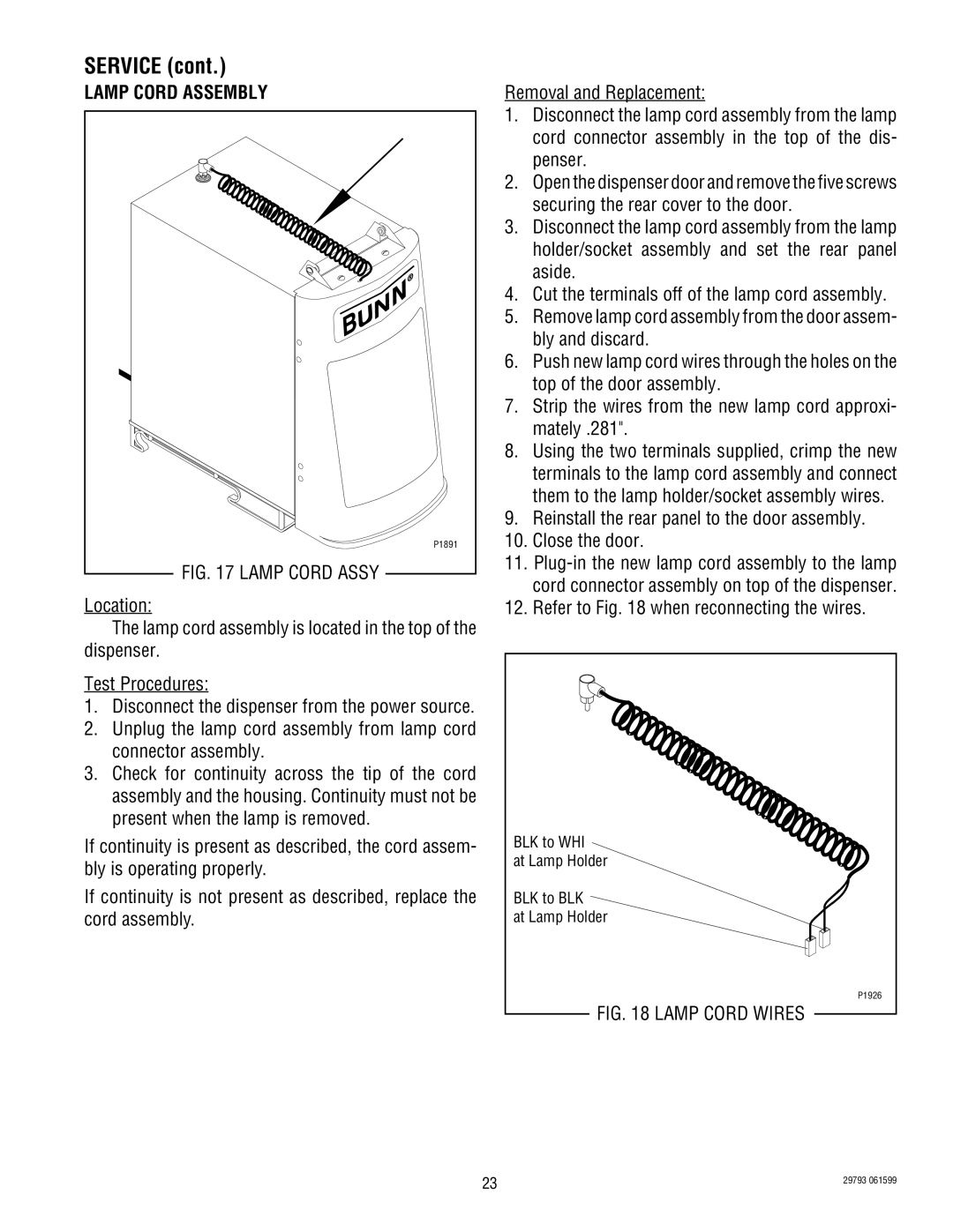 Bunn POWDER AUTO FILL service manual Lamp Cord Assembly, Refer to when reconnecting the wires 