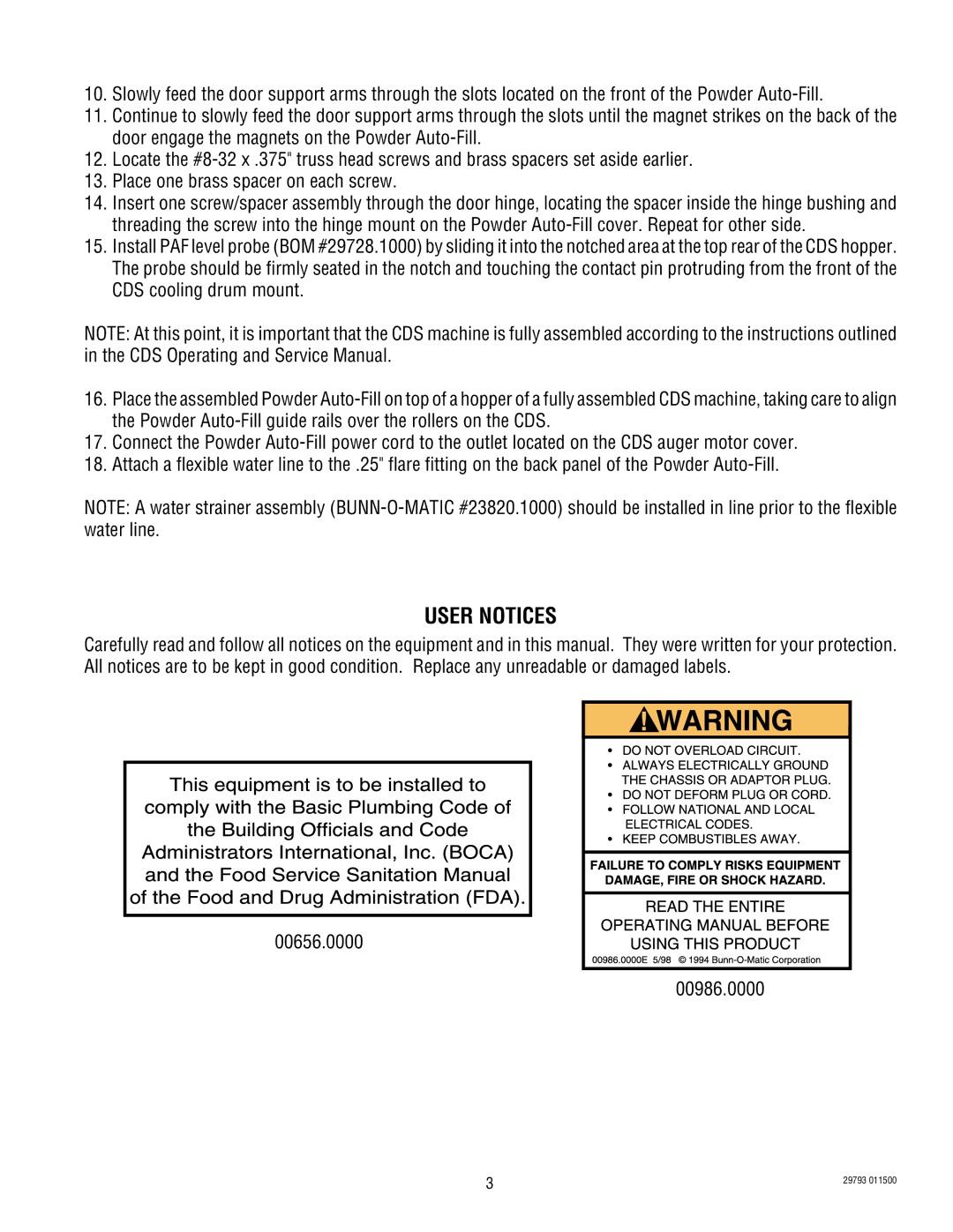 Bunn POWDER AUTO FILL service manual User Notices 