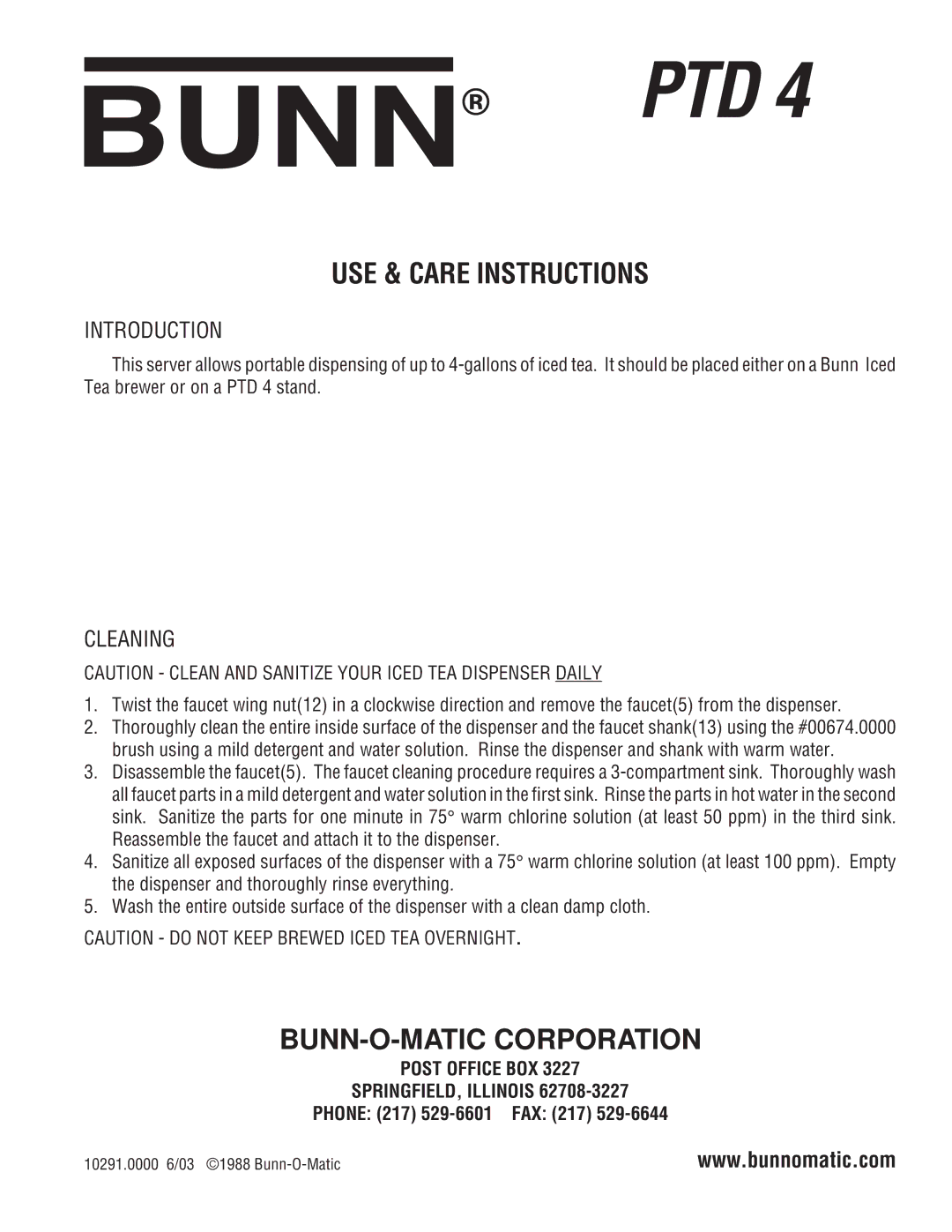 Bunn PTD 4 manual USE & Care Instructions, BUNN-O-MATIC Corporation, Introduction, Cleaning 