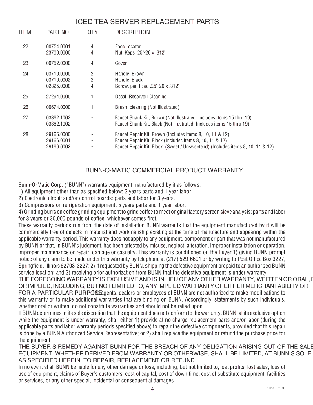 Bunn PTD 4 manual BUNN-O-MATIC Commercial Product Warranty 