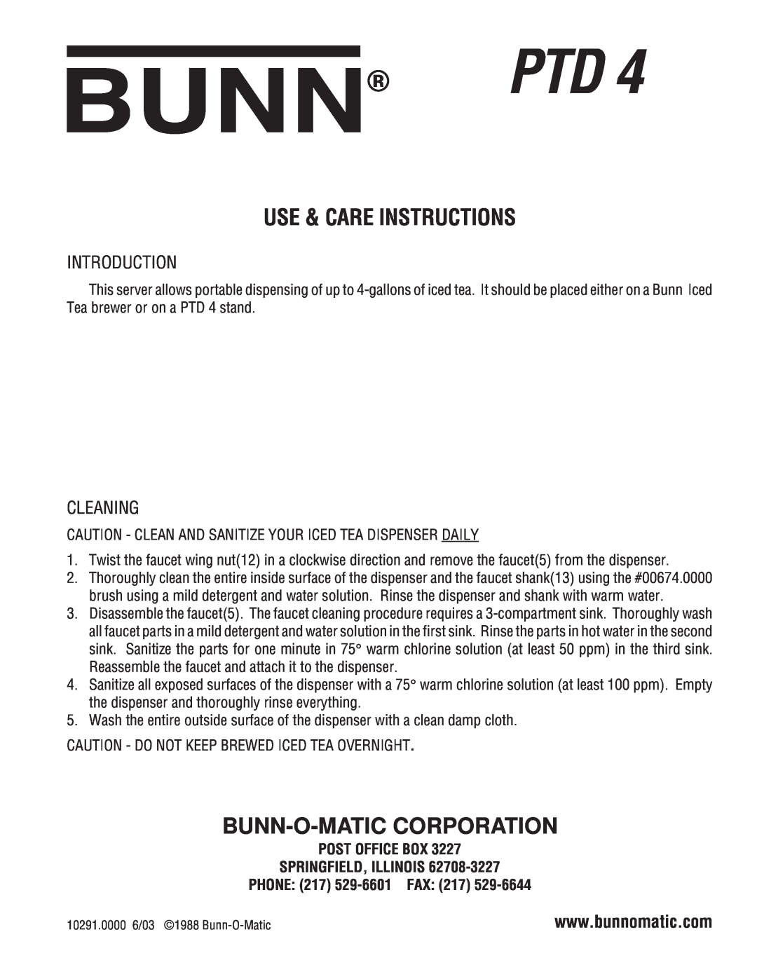 Bunn PTD 4 manual Use & Care Instructions, Bunn-O-Maticcorporation, Introduction, Cleaning, Fax 