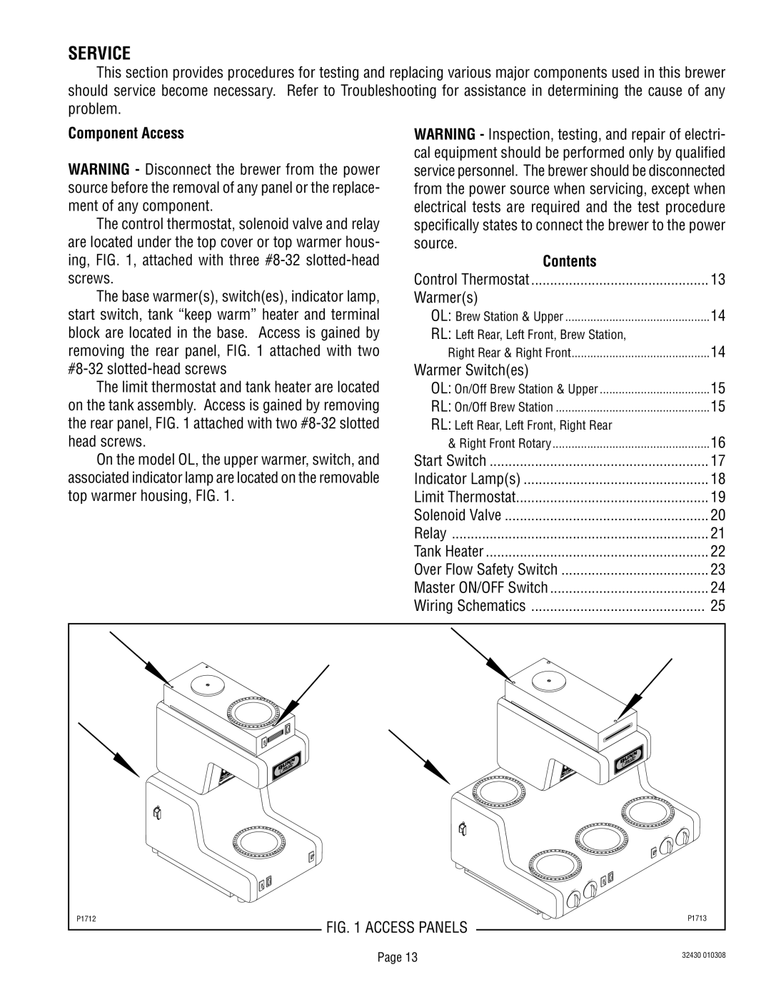 Bunn RL00006929 service manual Service, Component Access, Contents 