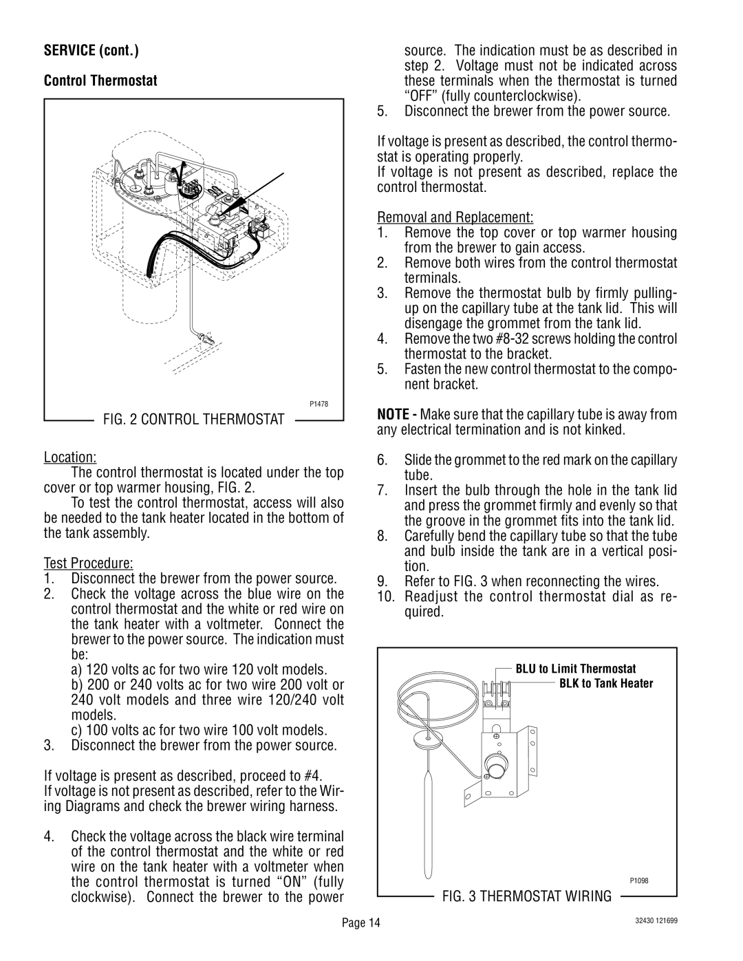 Bunn RL00006929 service manual Service Control Thermostat 