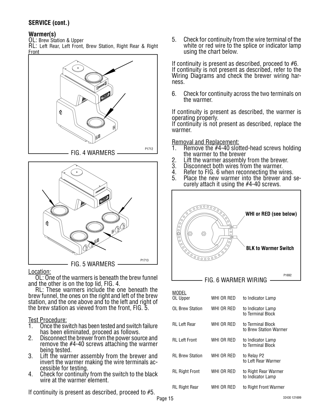 Bunn RL00006929 service manual Service Warmers 