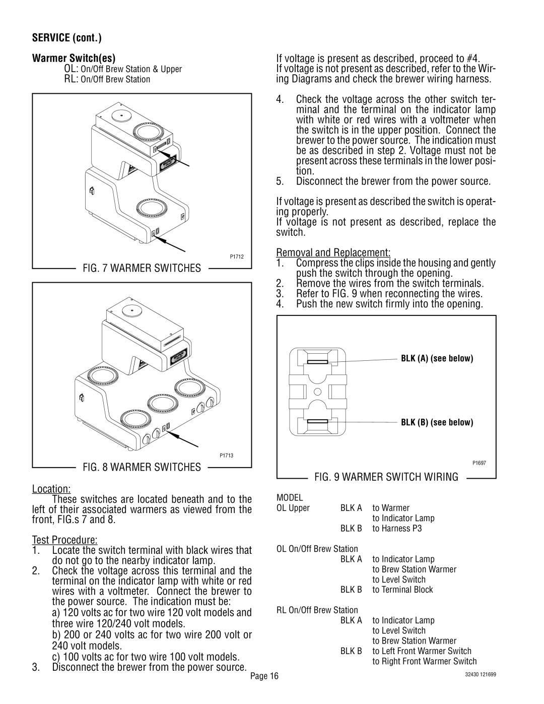 Bunn RL00006929 service manual Service Warmer Switches 