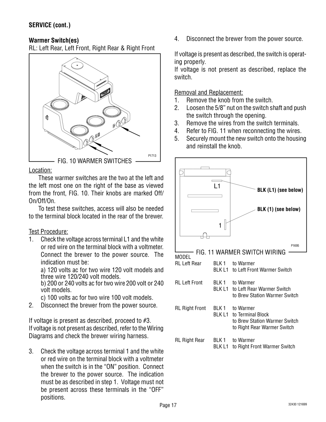 Bunn RL00006929 service manual RL Left Rear, Left Front, Right Rear & Right Front, Model Warmer Switch Wiring 