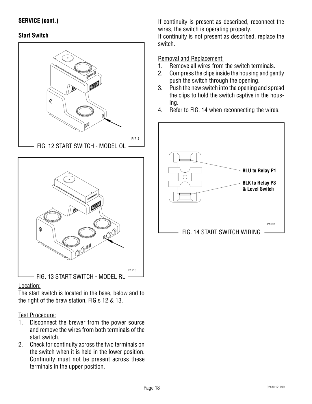 Bunn RL00006929 service manual Service Start Switch, Start Switch Model OL 