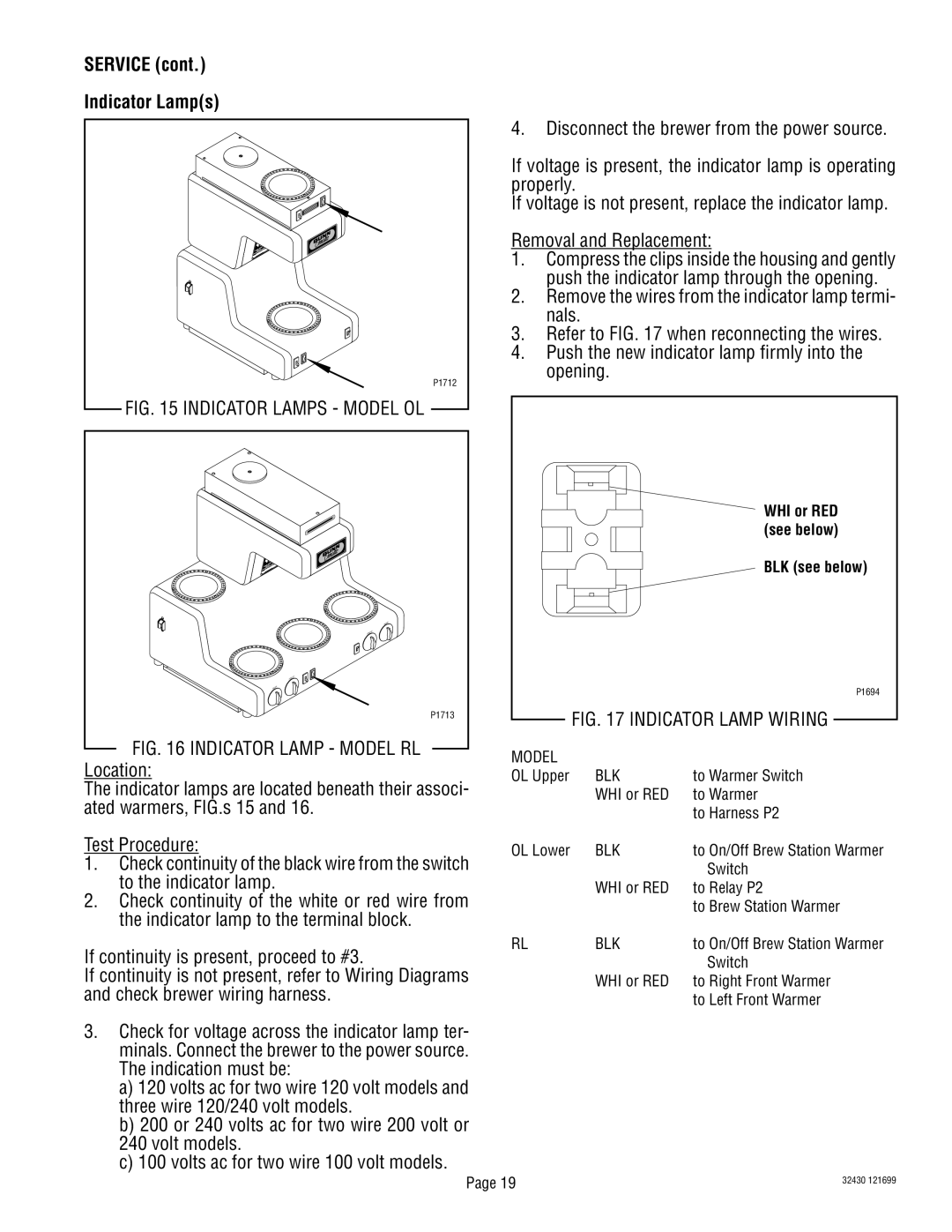 Bunn RL00006929 service manual Service Indicator Lamps, See below 