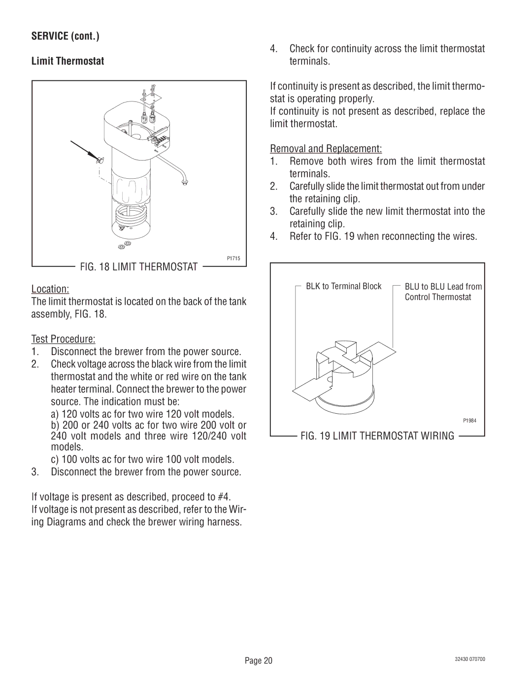 Bunn RL00006929 service manual Service Limit Thermostat 