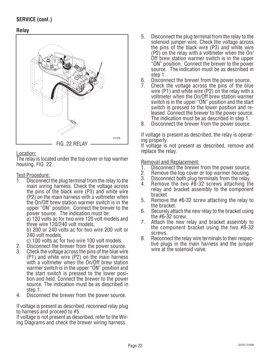 Bunn RL00006929 service manual Service Relay 