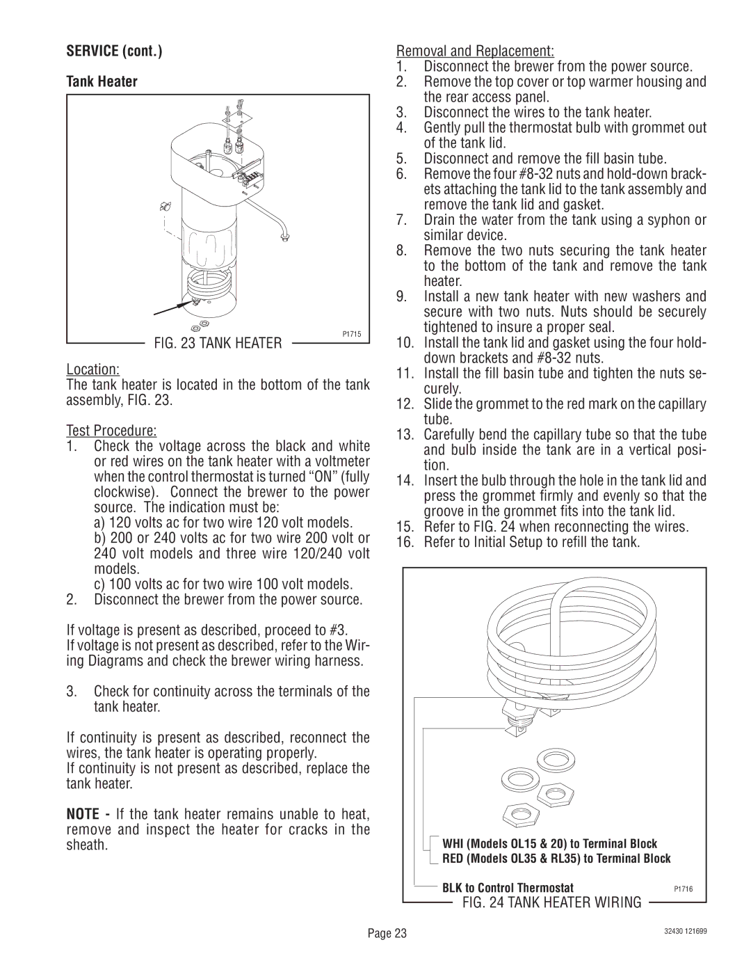 Bunn RL00006929 service manual Service Tank Heater 