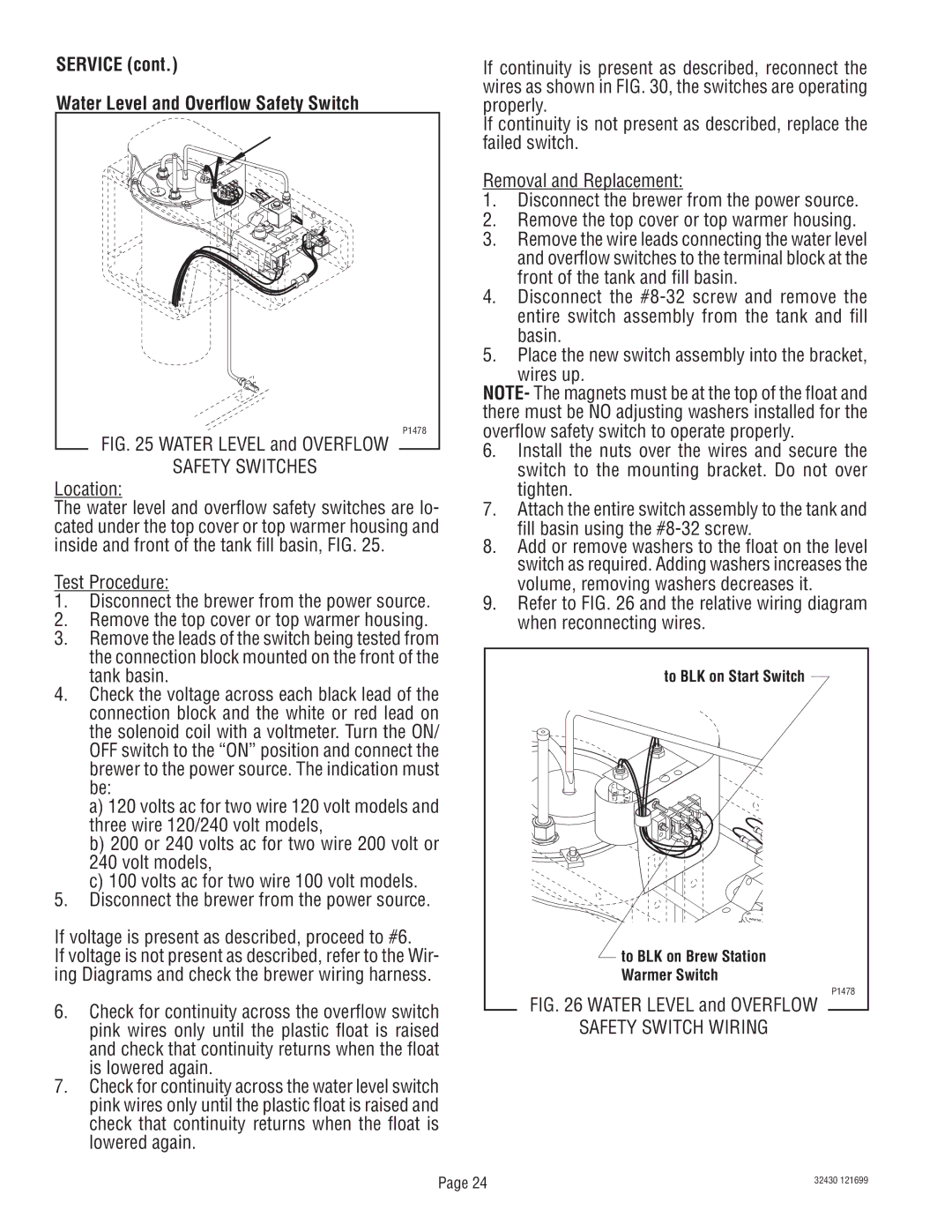 Bunn RL00006929 Service Water Level and Overflow Safety Switch, If voltage is present as described, proceed to #6 