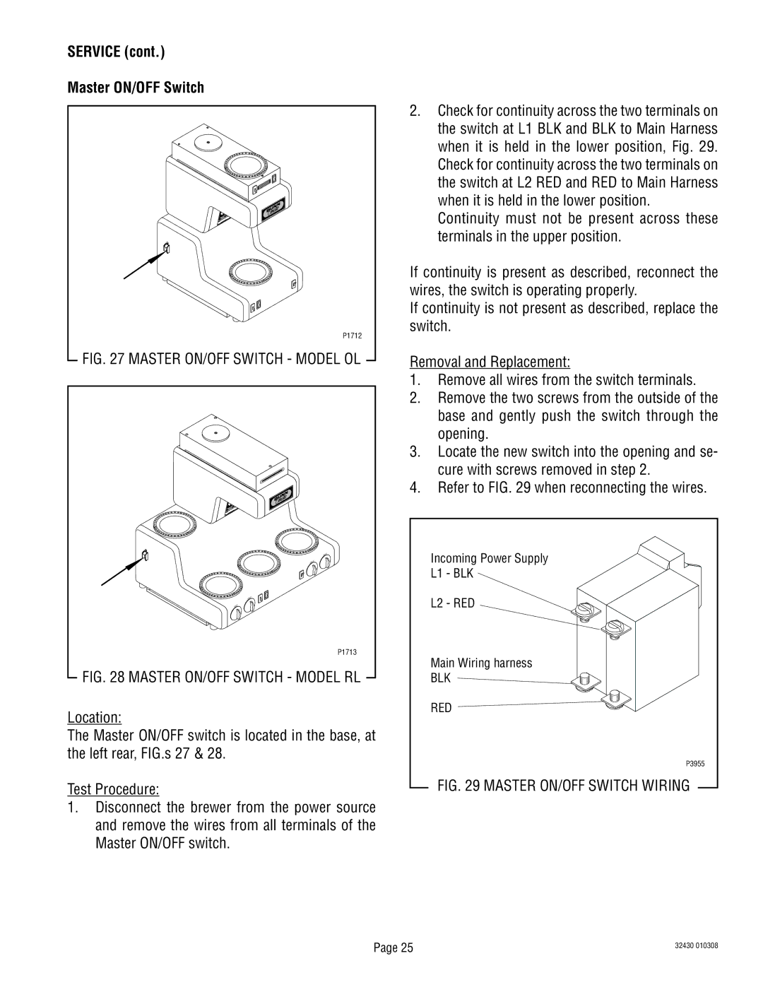 Bunn RL00006929 service manual Service Master ON/OFF Switch, Master ON/OFF Switch Model OL 