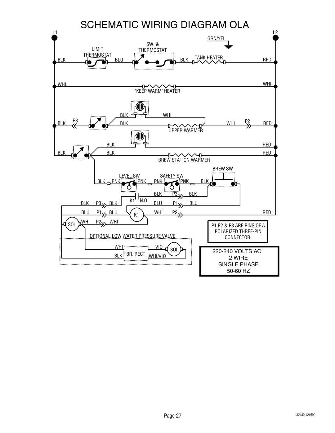 Bunn RL00006929 service manual Schematic Wiring Diagram OLA, Sol Whi 