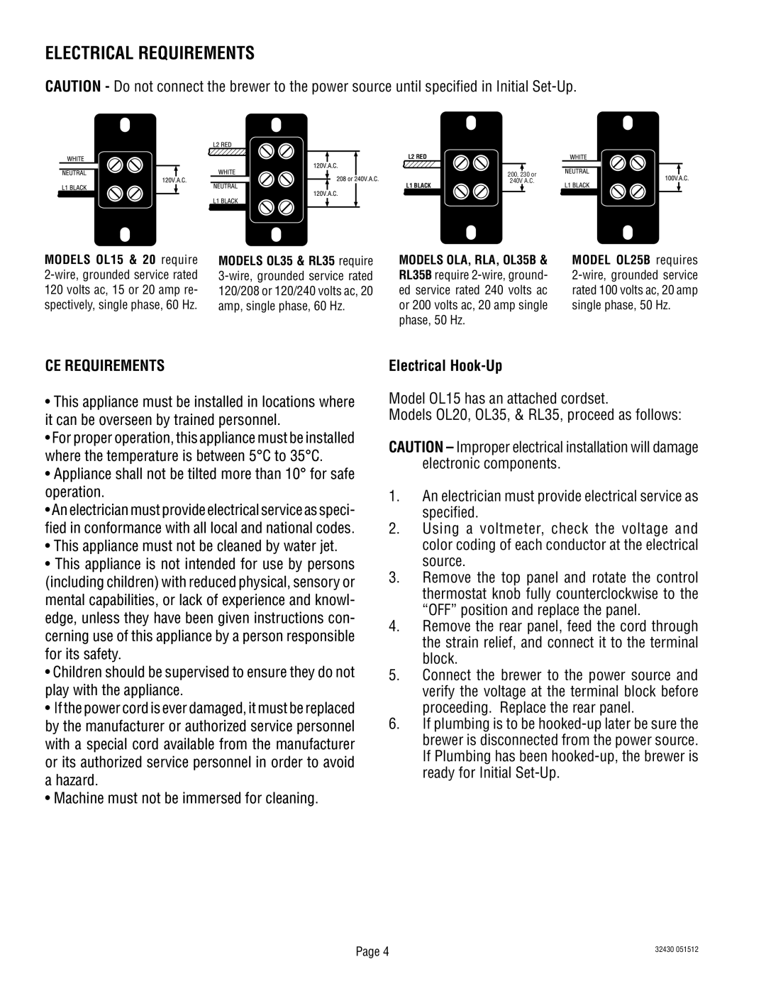 Bunn RL00006929 service manual Electrical Requirements, Electrical Hook-Up 