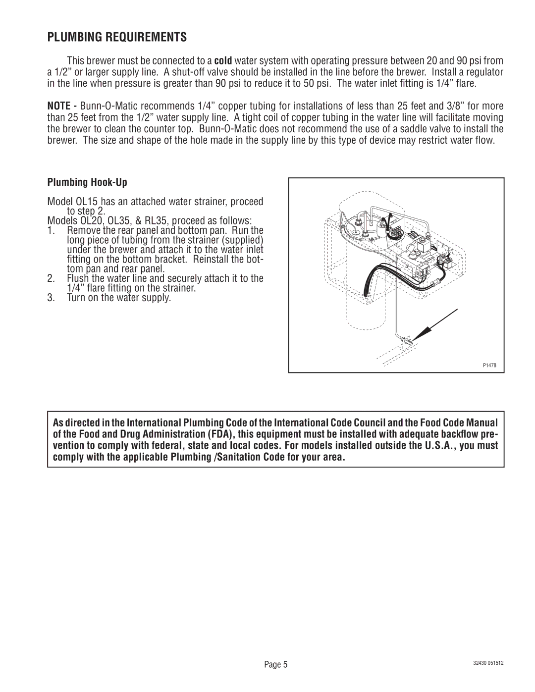 Bunn RL00006929 service manual Plumbing Requirements, Plumbing Hook-Up 