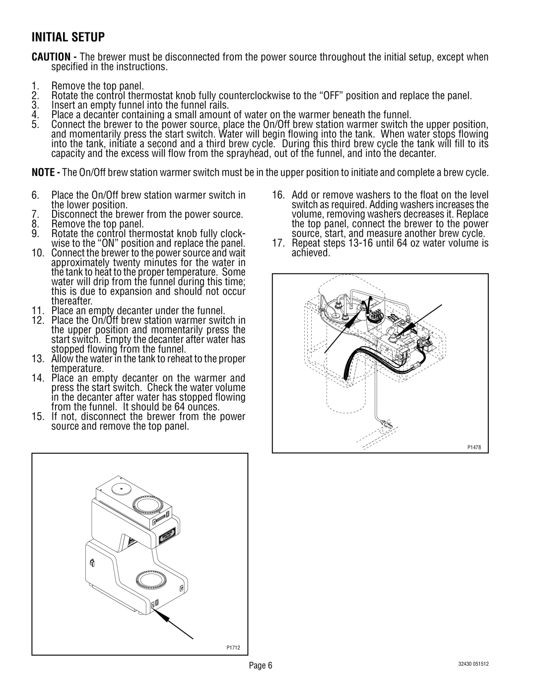 Bunn RL00006929 service manual Initial Setup, Repeat steps 13-16 until 64 oz water volume is achieved 