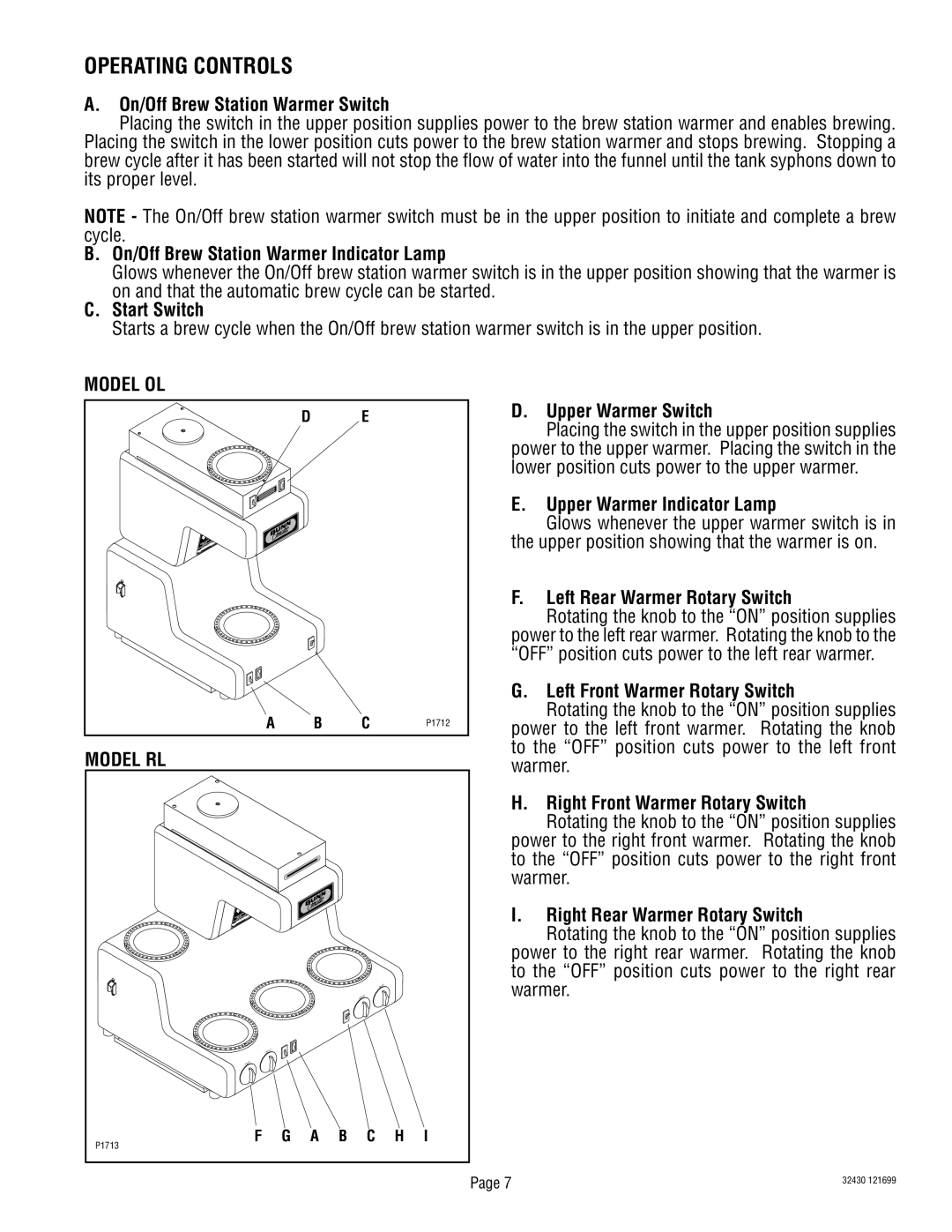 Bunn RL00006929 service manual Operating Controls 