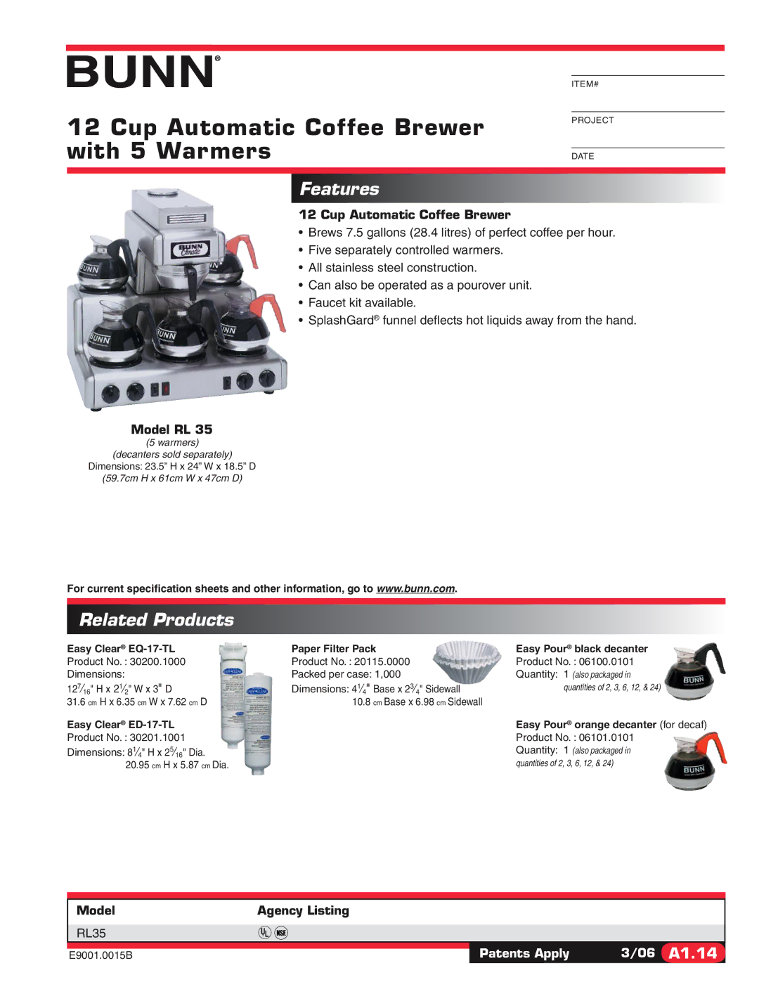 Bunn RL35 specifications Cup Automatic Coffee Brewer with 5 Warmers, Features, Related Products 