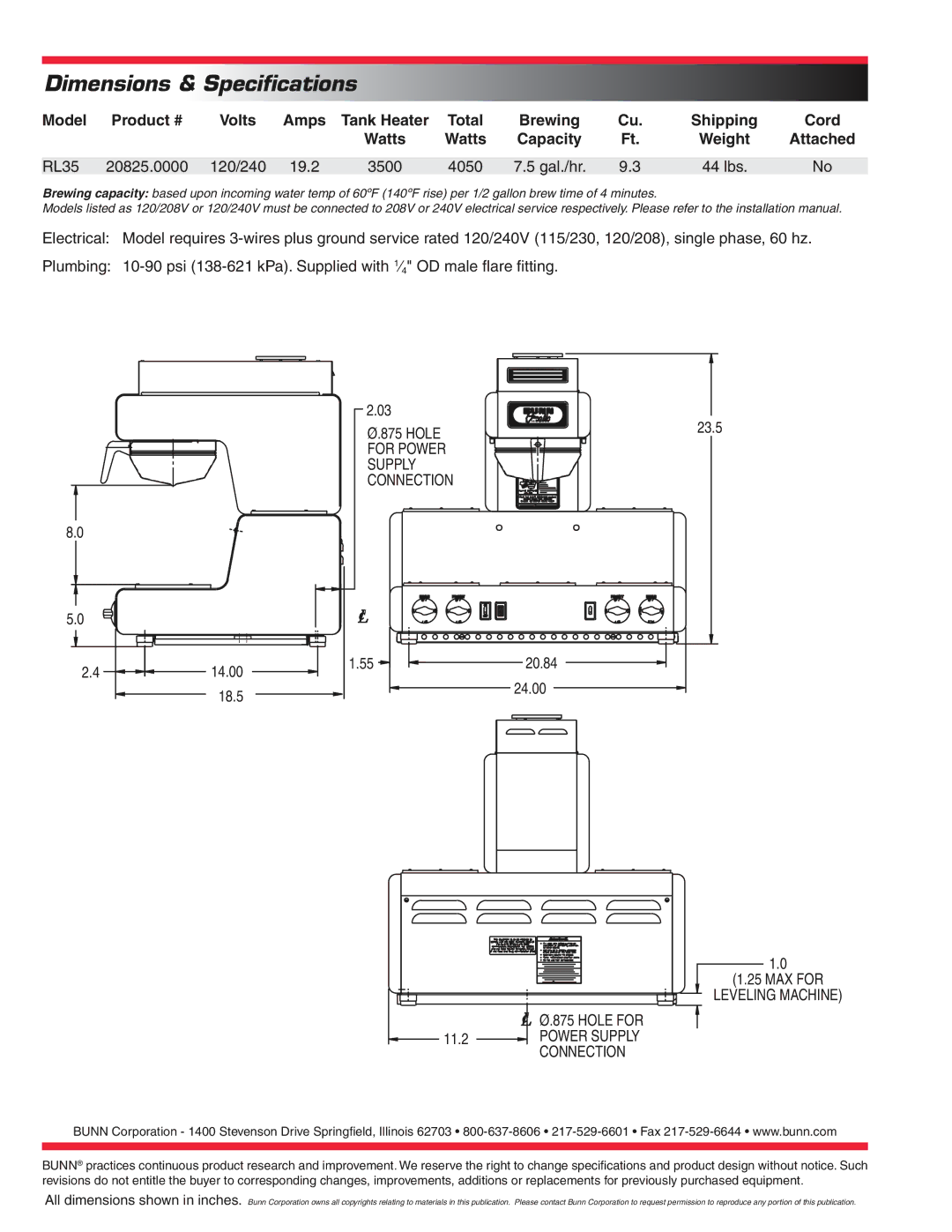 Bunn RL35 specifications Dimensions & Speciﬁcations, Model Product # Volts Amps, Shipping Cord Watts Capacity, Attached 