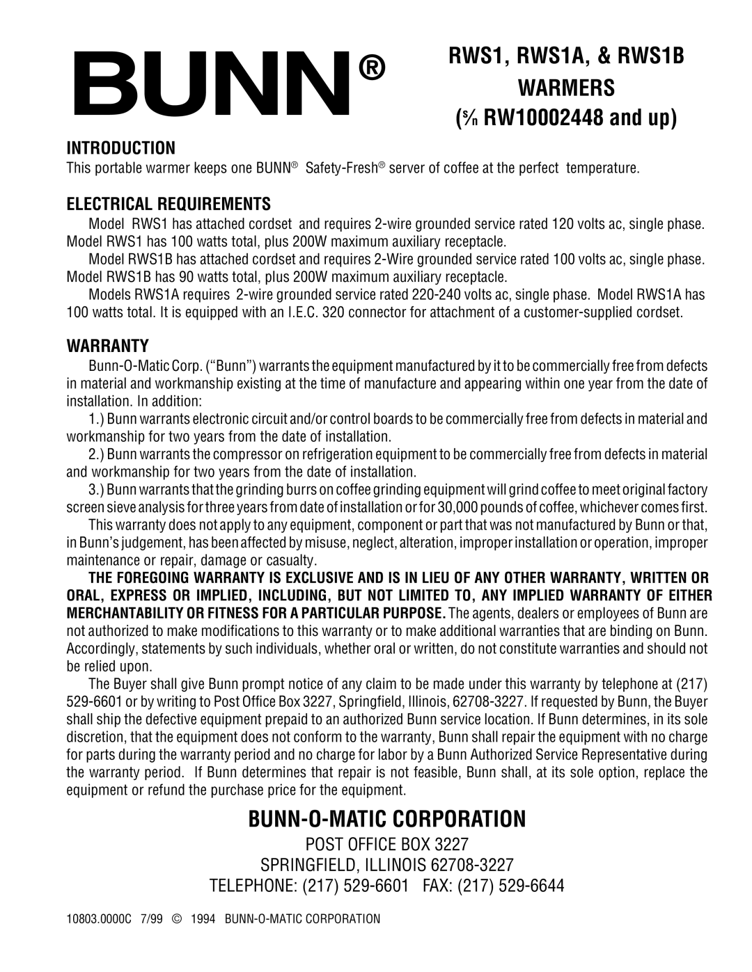 Bunn RWS1A, RWS1B warranty Warmers, BUNN-O-MATIC Corporation, Introduction, Electrical Requirements, Warranty 