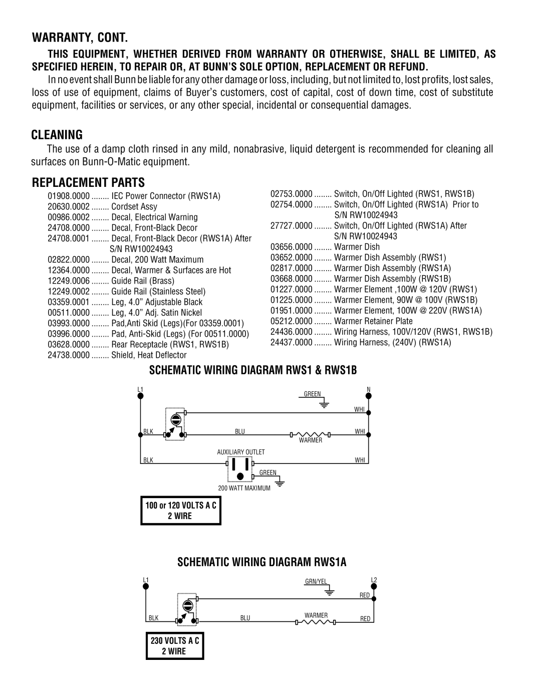 Bunn RWS1B, RWS1A warranty Warranty, Cleaning, Replacement Parts 