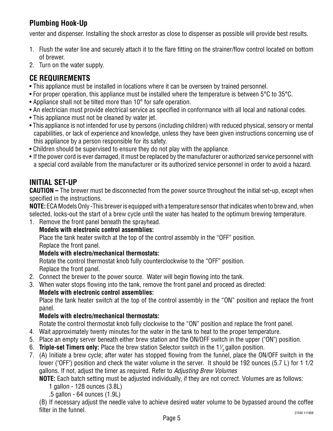 Bunn Serial manual Plumbing Hook-Up, CE Requirements, Initial SET-UP 