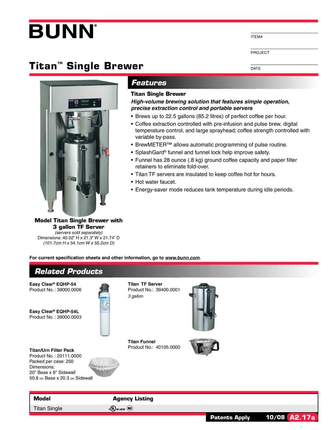 Bunn specifications Titan Single Brewer, Features, Related Products 