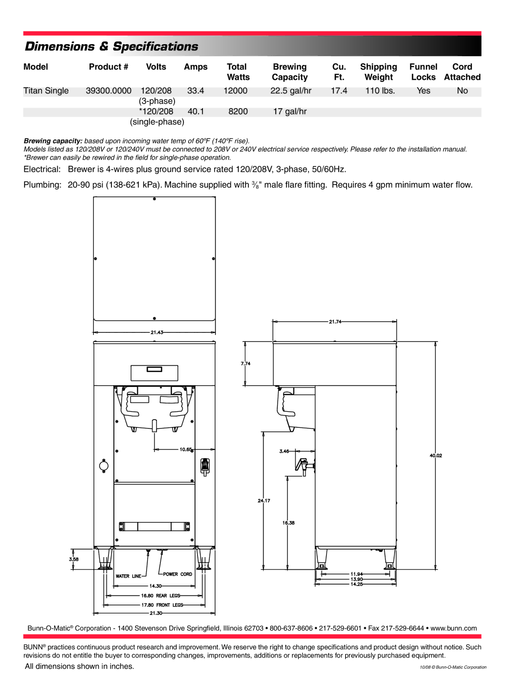 Bunn Single Brewer specifications Dimensions & Specifications, Model Product # Volts Amps Total, Shipping, Cord 