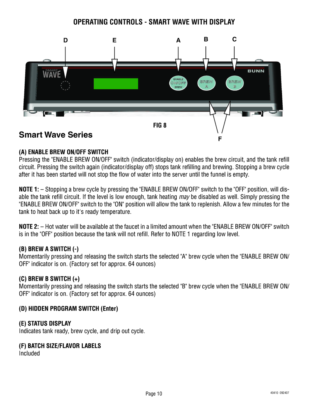 Bunn Smart Wave Series Operating Controls Smart Wave with Display, Dea B C, Brew a Switch, Brew B Switch +, Status Display 