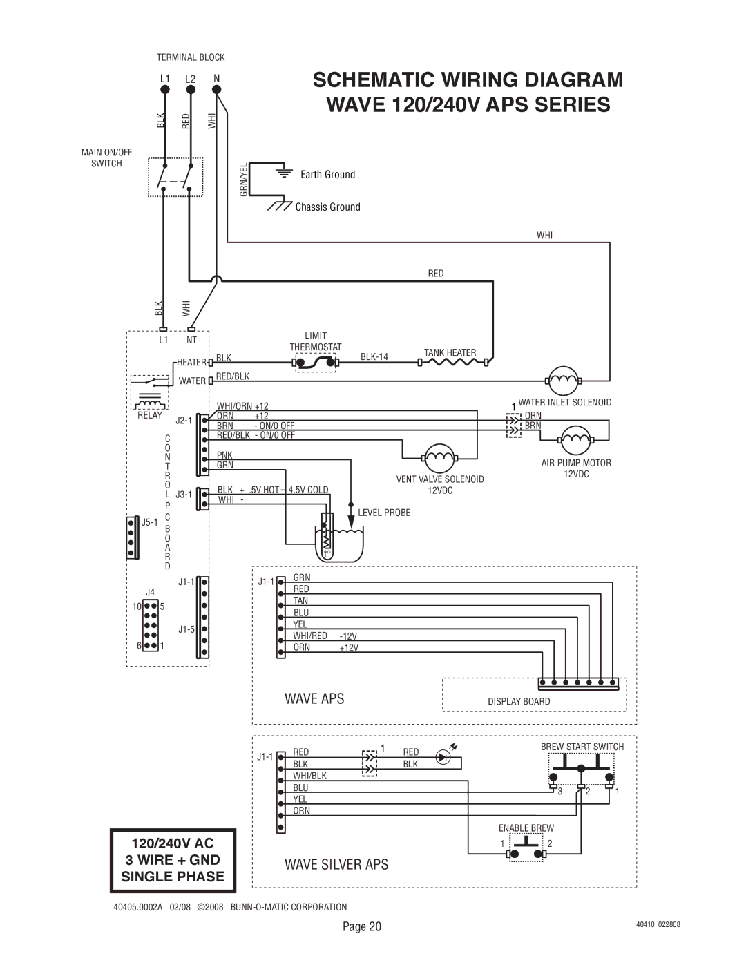 Bunn Smart Wave Series, Smart Wave Silver Series manual Schematic Wiring Diagram Wave 120/240V APS Series 