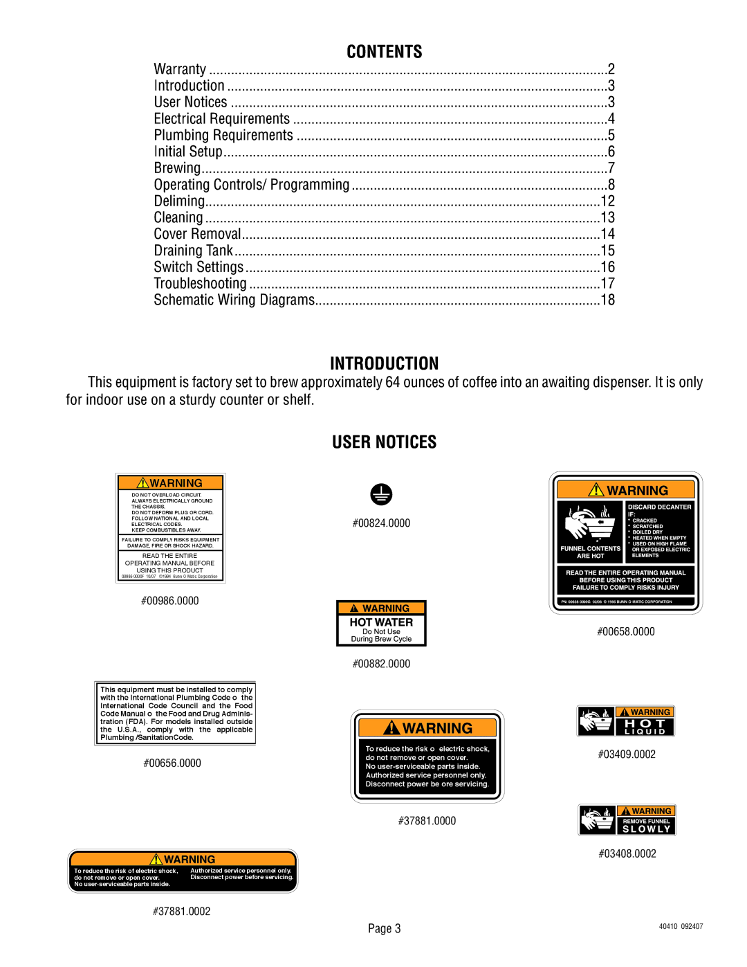 Bunn Smart Wave Silver Series, Smart Wave Series manual Contents, Introduction, User Notices 