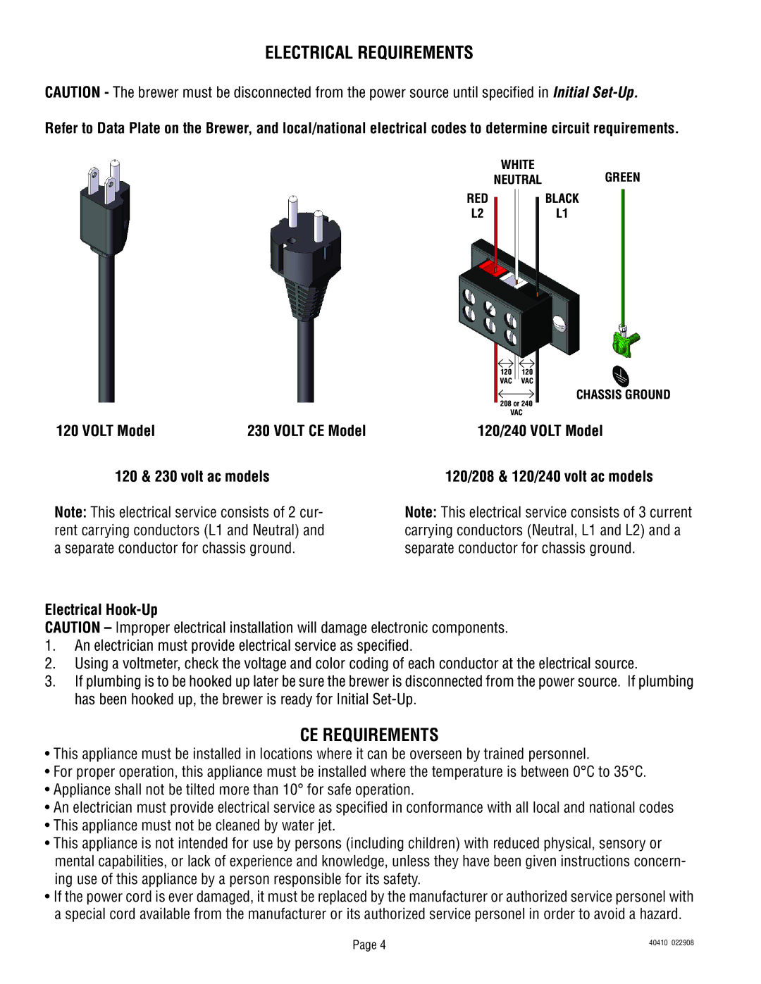 Bunn Smart Wave Series, Smart Wave Silver Series manual Electrical Requirements, CE Requirements, Electrical Hook-Up 