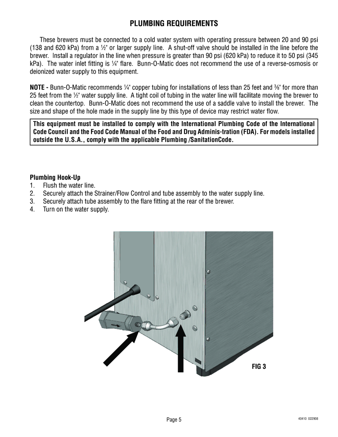 Bunn Smart Wave Silver Series, Smart Wave Series manual Plumbing Requirements, Plumbing Hook-Up 