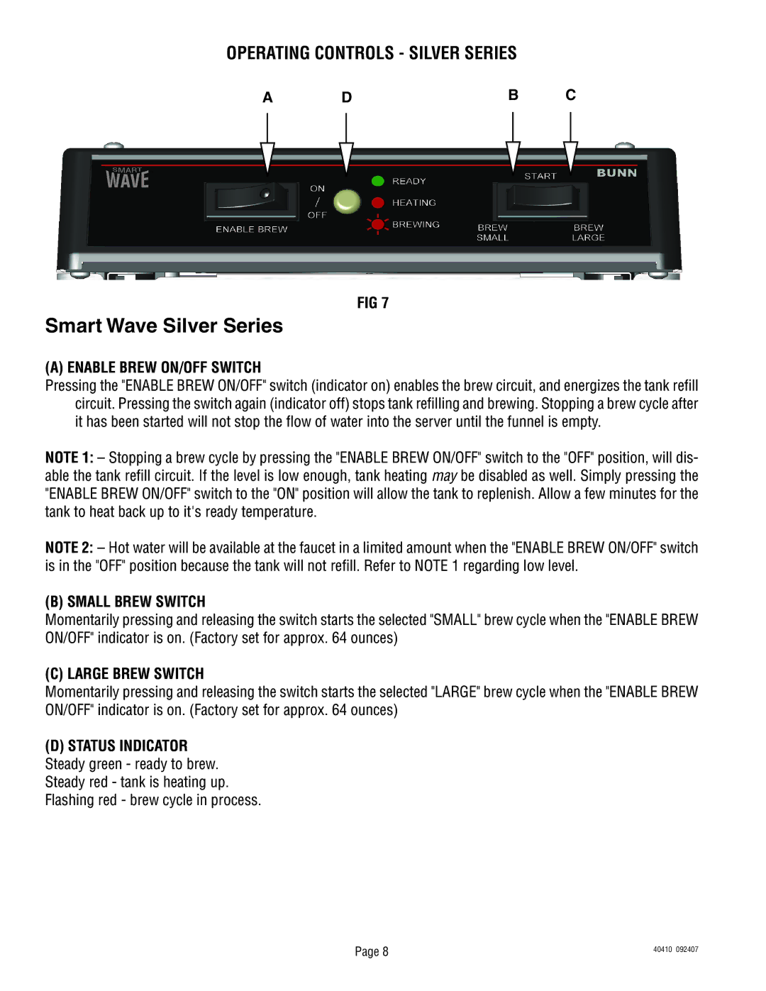 Bunn Smart Wave Series manual Operating Controls Silver Series, Db C, Enable Brew ON/OFF Switch, Small Brew Switch 