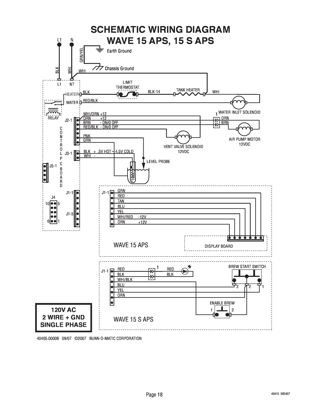 Bunn Smart Wave Series manual SCHEMATIC WIRING DIAGRAM WAVE 15 APS, 15 S APS, 120V AC 2 WIRE + GND SINGLE PHASE, Page, L1 N 