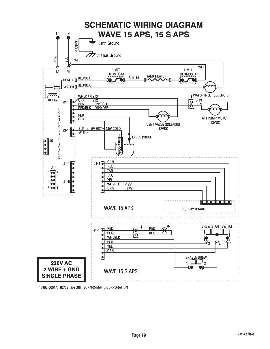 Bunn Smart Wave Silver Series Schematic Wiring Diagram, WAVE 15 APS, 15 S APS, 230V AC 2 WIRE + GND SINGLE PHASE, Page 