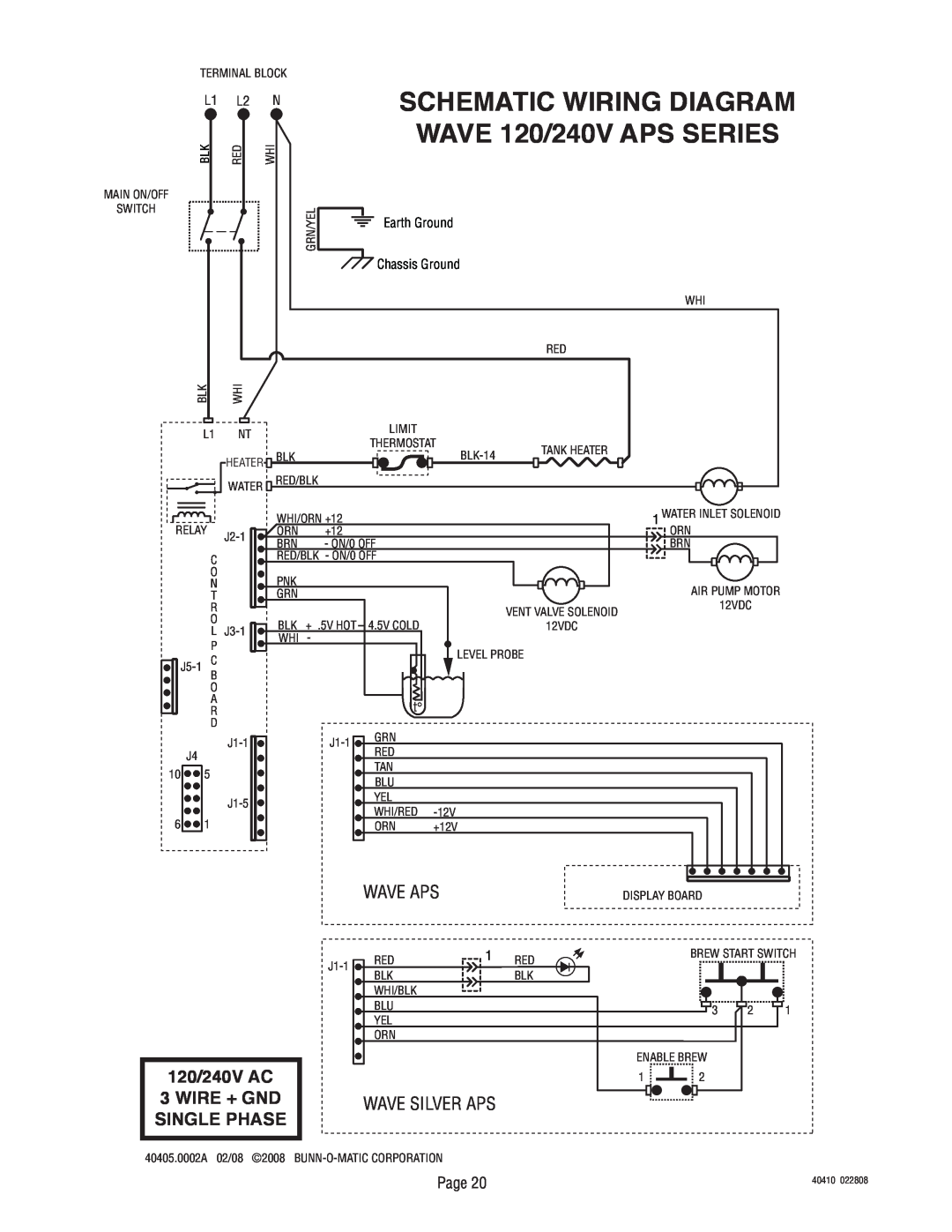 Bunn Smart Wave Series SCHEMATIC WIRING DIAGRAM WAVE 120/240V APS SERIES, 120/240V AC 3 WIRE + GND SINGLE PHASE, Page 
