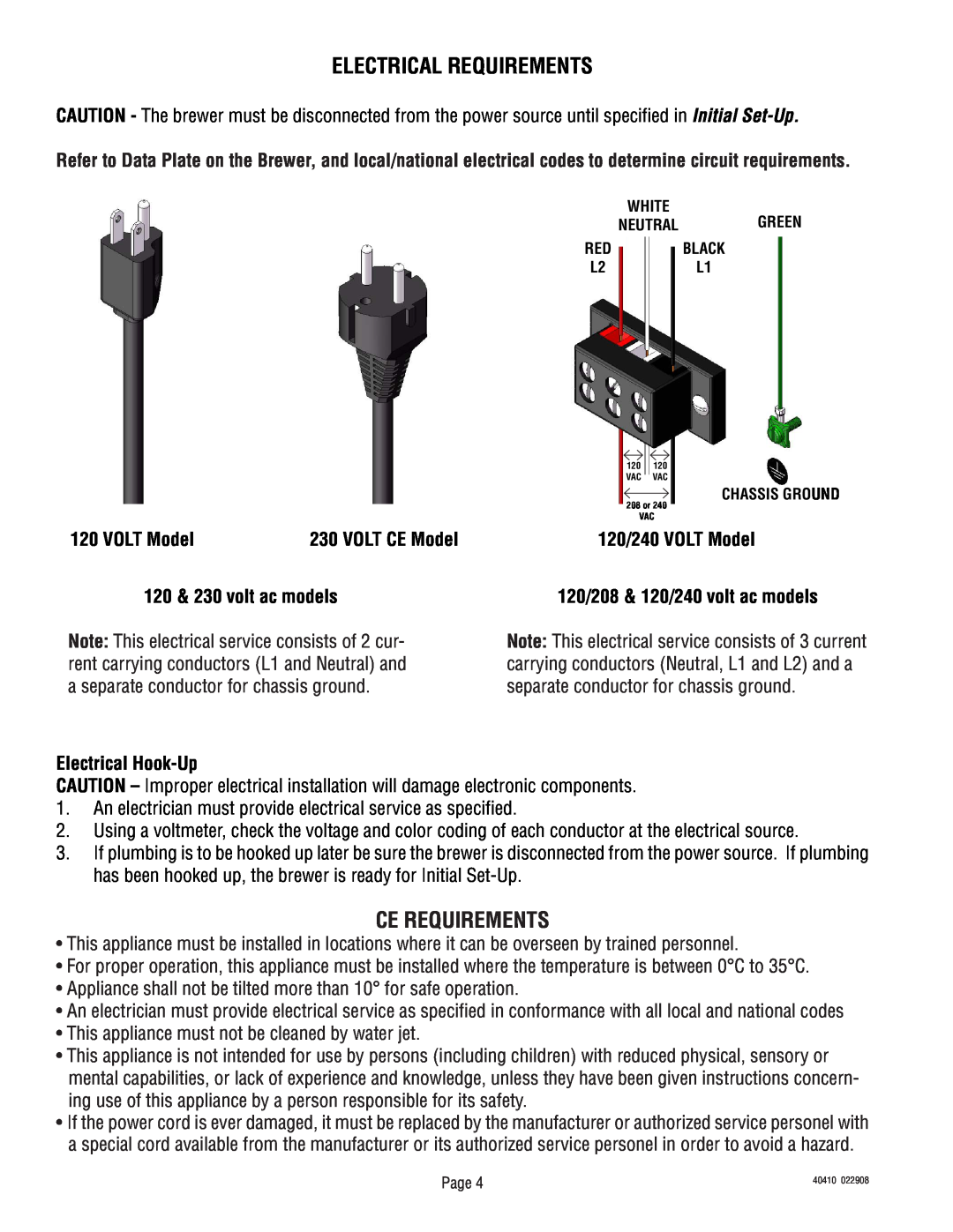 Bunn Smart Wave Series Electrical Requirements, Ce Requirements, VOLT CE Model, 120/240 VOLT Model, Electrical Hook-Up 
