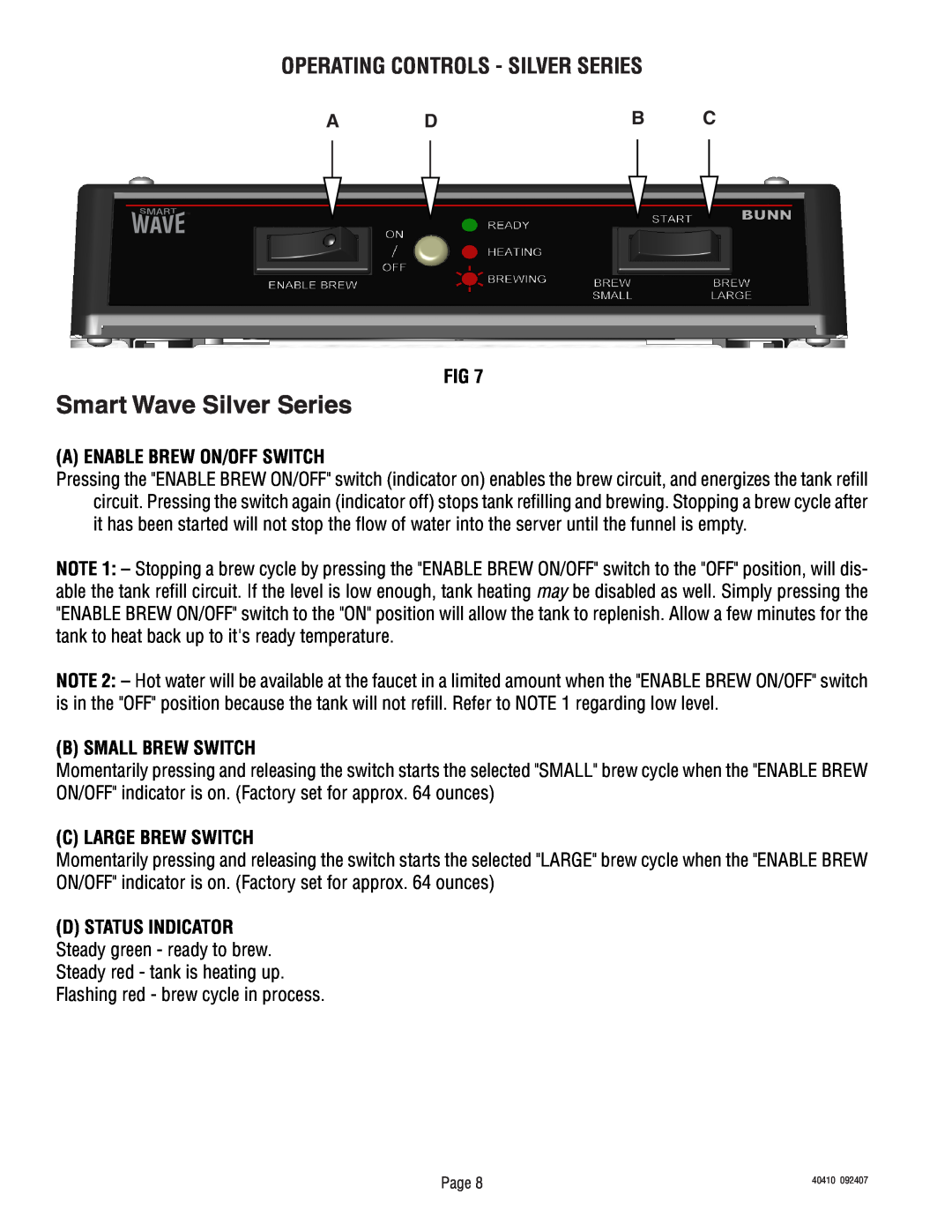 Bunn Smart Wave Series Smart Wave Silver Series, Operating Controls - Silver Series, A Db C, A Enable Brew On/Off Switch 