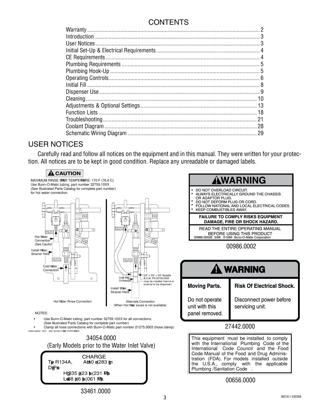 Bunn S/N 0005473 & UP manual Contents, User Notices 