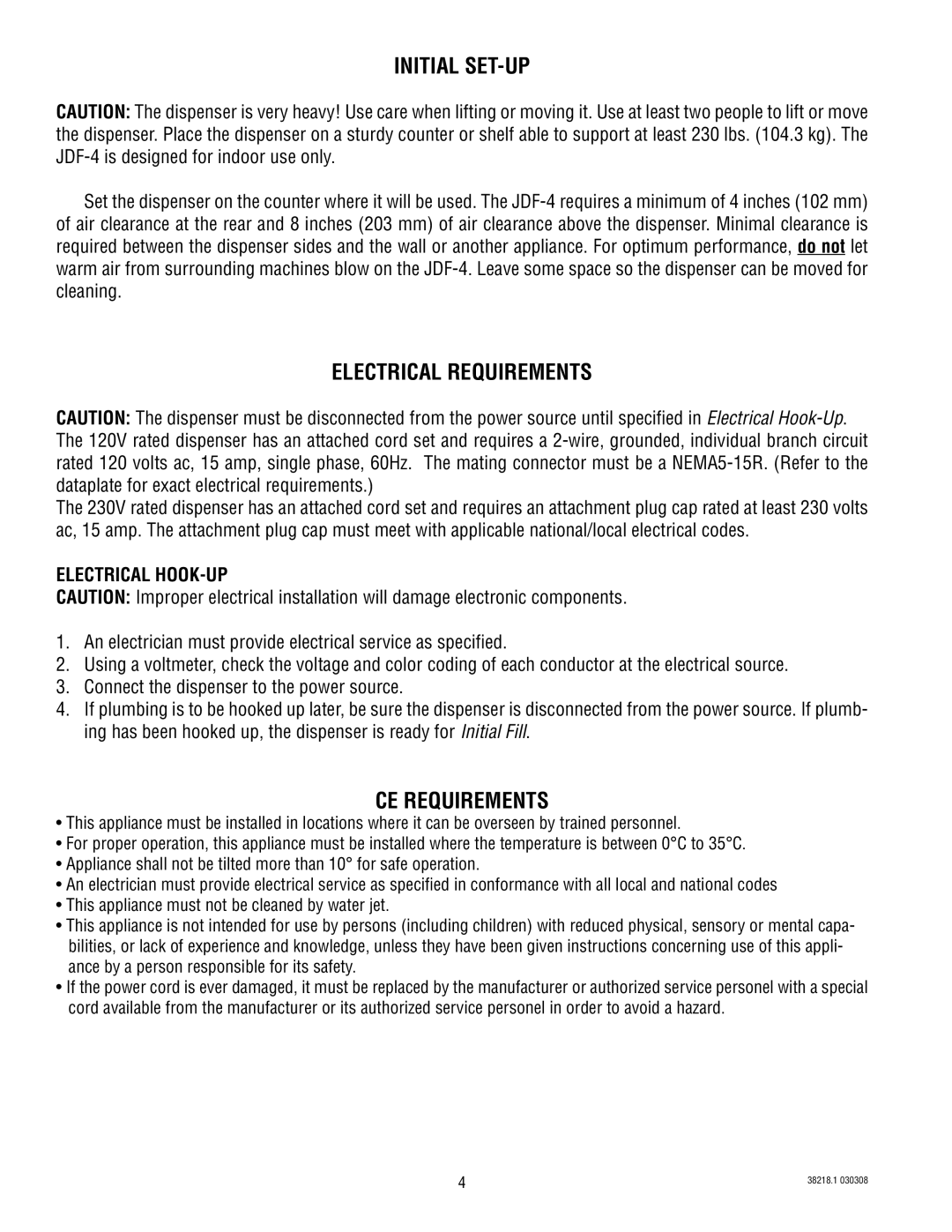 Bunn S/N 0005473 & UP manual Initial SET-UP, Electrical Requirements, CE Requirements, Electrical HOOK-UP 